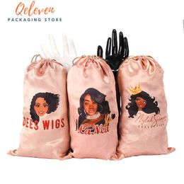 Custom Printing Women Hair Extensions Bundle Packaging Bags Gift Packing Drawstring Bag H1231