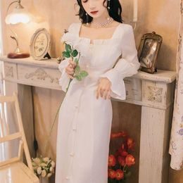 Casual Dresses Elegant Fairy Dress Women French Vintage Retro Party Midi Long Sleeve Ruffles Sweet Chic White Autumn