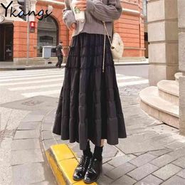 White High waist pleated skirt Women Summer harajuku long ruffle korean fashion Black Maxi vintage Girl Student 210421