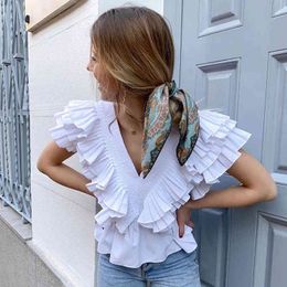 deep v neck ruffle pelpum white blouse tops women chic streetwear summer crop top sleeveless female top blouse 210415