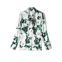 Women Fashion Elegant Chiffon Long Sleeve Bow Collar Floral Print Green Shirt Blouse Slim Casual Female Holidays Top Blusas 210416