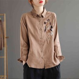 Johnature Women Linen Embroidery Shirts Vintage Full Sleeve Tops Turn-down Collar Blouses Spring Button Casual Shirts 210521