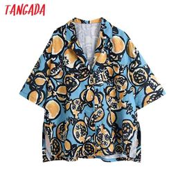 Women Summer Pockets Oversized Fruit Printed Blouses Vintage Short Sleeve Female Shirts Blusa Chic Tops BE515 210416