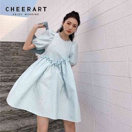 Blue Puff Sleeve Ball Gown Summer Dress Short Ruched Loose Women Korean Fashion Clothing 210427