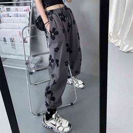 Women Pants Harajuku Korean Fashion Floral Print High Street Waisted Long Flared Summer Chic Trousers Cargo clothes 210925