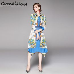 Autumn Women's European And American Style Lapel Single-breasted Fashion Print Contrast Colour Waist Dress Vestidos 210515