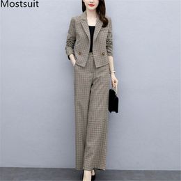 Autumn Korean Fashion Plaid Women Two Piece Pants Suits Sets Long Sleeve Coat + Wide Leg Outfits Elegant 210518