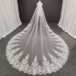 Real Photos Long Lace Bridal Veil with Comb 3.5 Metres 1 Layer Cathedral White Iovry Wedding Veil Wedding Accessories 2020 X0726