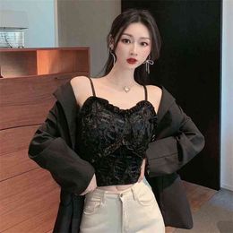 Black Woman Clothing Summer Sexy Ruffles Crop Tops Camis Tank Women V Neck Womens Camisole Halte Folds Top Chic 210507
