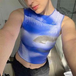 Hand Painted Pinted Y2k Crop Tank Top For Girls Casual Women Tie Dye Summer Sleeveless Shirt Fashion Tee Pullovers Vest 210510