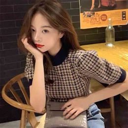 Summer women's short-sleeved tops Korean loose student t-shirt short puff sleeve knitted bottoming shirt 210520
