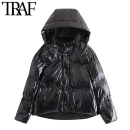 TRAF Women Fashion Winter Thick Warm Hooded Parka Loose Shiny Padded Jacket Coat Vintage Long Sleeve Female Outerwear 210415