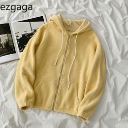 Ezgaga Women Jacket Solid Fashion New Autumn Hooded Zipper Loose Drawstring Long Sleeve Jackets Yellow Front Pockets Street 210430