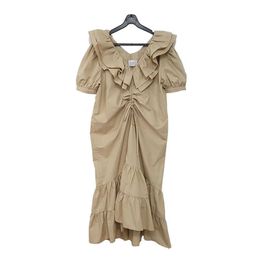 PERHAPS U Women Ruffle Collar Short Sleeve Drawstring Midi Dress Khaki White Loose D1088 210529