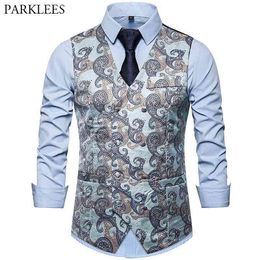 Mens Luxury Paisley Jacquard Suit Vest Double Breasted Dress Tuxedo Vest Prom Singer Dancer Waistcoat Performance Clothing Gilet 210524