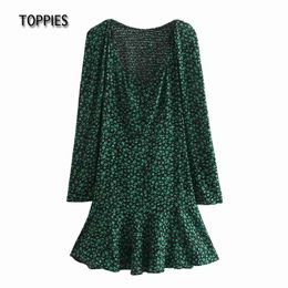 Toppies Green Flowers Printing Slim Mini Dresses Sexy Deep V-neck Dress Spring Summer Clothes Long Sleeve 210412