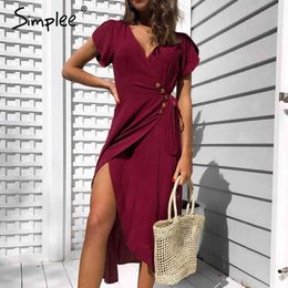 Sexy v neck women wrap Casual solid button female summer Elegant ladies cotton spring a line work midi dress 210414