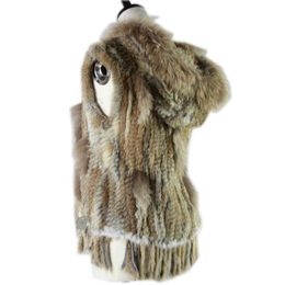 Harppihop fashion rabbit fur vest raccoon trimming knitted vest with hood waist coat gilet T191118