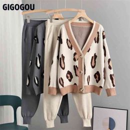 GIGOGOU Luxury Leopard Women's Tracksuits Knitted Harem Pants Suits Vintage Open Cardigan Sweaters 2 Pieces Clothing Sets Outfit 210925