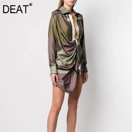 DEAT Leisure Full Sleeve Asymmetrical Empire Waistline Knee Length Dresses Women V Neck Loose Print Dress Autumn New TD660 210409