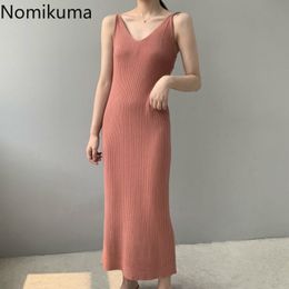 Nomikuma V Neck Elegant OL Spaghetti Strap Dresses Women Solid Colour Knitted Bodycon Dress Korean Fashion Vestidos 3a396 210514