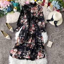 Autumn Korean Fashion Stand Collar Long-Sleeved Swinging Waist Slim Bottom long print Dress Women Flower vestidos 210508