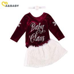 0-24M Christmas born Infant Baby Girl Clothes Set Pom Long Sleeve Santa Romper Plush Skirts Winter Xmas Outfits 210515