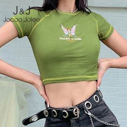 JOCOO Jolee Kadınlar Yaz Y2K Vintage Grunge Stil Sıska Göbek T-Shirt Rahat Kelebek Grafik ve Mektup Baskı Kırpma Tops 210518
