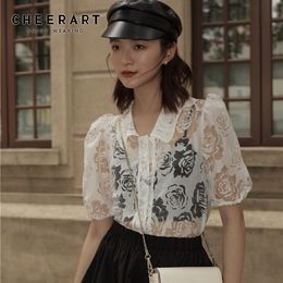 See Through Top Puff Sleeve Floral Women s And Blouses Summer Collar Shirt Sheer Ladies Transparent Blouse 210427