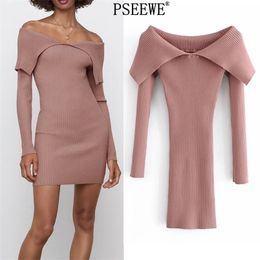 Pink Ribbed Knit Dress Women Spring Fashion Long Sleeve Off Shoulder Sweater Female Slim Sexy Short es 210519