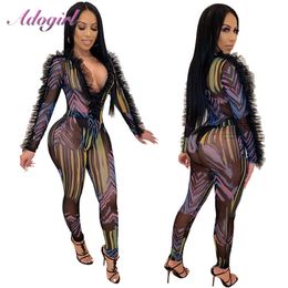 Sexy Print Ruffle Sheer Mesh V Neck Night Party Club Jumpsuit Women 2 Piece Set Tracksuit Female Spring Outfit Rompers Overalls