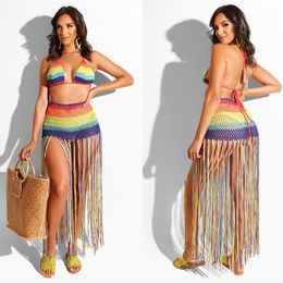 Handmade Crochet Beach Dress Cover Up Rainbow Tassel Sexy 2 Piece Set Crop Top and Skirt Party Club Outfits for Women 210420