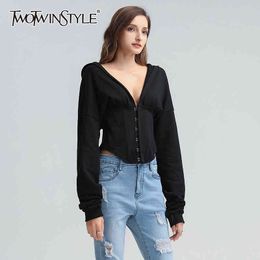 Tunic Solid Basic Sweatshirt For Women Hooded Collar Long Sleeve Sexy Sweatshirts Female Fall Fashion 210524