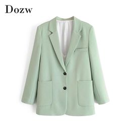 Green Colour Casual Blazer Women Big Pockets Long Sleeve Jacket Female Notched Collar Office Wear Blazer Ropa De Mujer 210414