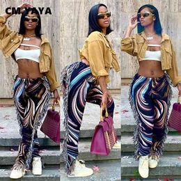 CM.YAYA Autumn Spring Women Pants High Waist Activewear Pencil Trousers Sporty Print Tassel Jogger Sweatpants 210925