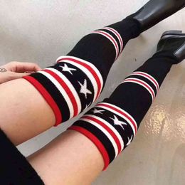 Women Fashion Winter Boots Cuff Socks Autumn Red Striped USA Star Ladies Cotton Long Knee High Socks Sexy Diamonds Stockings Y1119