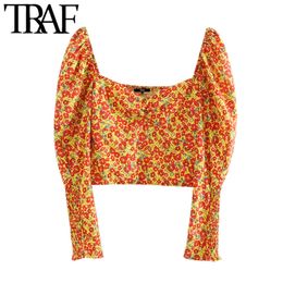 TRAF Women Sweet Fashion Floral Print Cropped Blouses Vintage Puff Sleeves Back Stretchy Female Shirts Blusas Chic Tops 210415