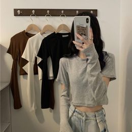 Women's T-Shirt Girls Shirt Short Upper Pullover Top Clothes Fashion 2021 Autumn Korean Style Niche Long Sleeve Cut Out Tops