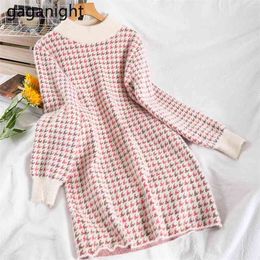 Sweet Women Knitted Party Plaid Dress Long Sleeve O Neck Soft Fashion Lady Stretchy Dresses Chic Outwear Vestidos 210601