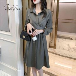 Spring Autumn Vintage Women Satin Long Sleeve Office Lady Silk Dress 210415