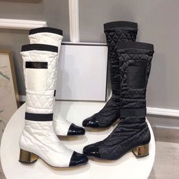 new arrived woman winter elastick Silk rhombus knee boots femal high quality brand design sexy long shoes size 35-41 black white