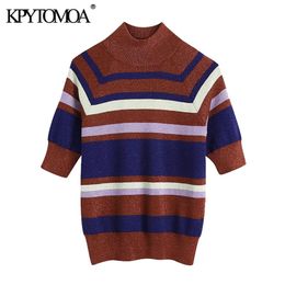 Women Fashion Metallic Thread Striped Knitted Sweater High Neck Short Sleeve Female Pullovers Chic Tops 210420