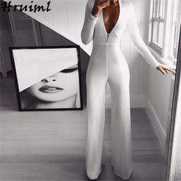 Elegant White Rompers Womens Jumpsuit Long Sleeve Deep V Neck High Waist Female Bodysuit Wide Leg Pants Office Lady Solid 210513