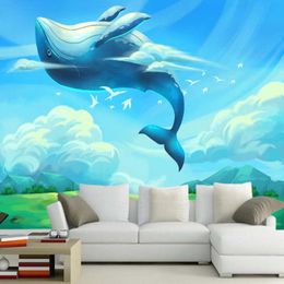 Wallpapers Papel De Parede Whale Under The Blue Sky Cartoon Wallpaper Mural,living Room Sofa Wall Kids'bedroom Papers Home Decor