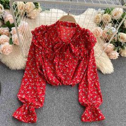 Floral Chiffon Long-Sleeved Shirt Female Bowknot Spring And Autumn Lotus Leaf Slim Fit All-Match Puff Sleeve Top Women 210514