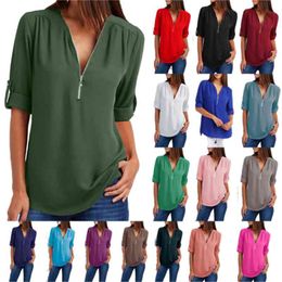 Big Size 4XL 5xl Women chiffon Tshirt V-neck Zipper irregular Loose Casual T shirts Spring Summer Plus size Sexy Tops Tee shirts Y0508