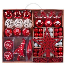 Valery Madelyn 92Pack Christmas Balls Ornaments Christmas Tree Red White Glitter Star Topper Hanging Pendants Set For Home Decor 211104