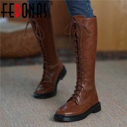 Genuine Leather Shoes For Women Winter est Knee High Boots Wide Leg Cross Tied Party Casual Slim Long Woman 210528