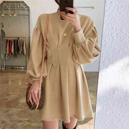 Korea Chic Autumn and Winter Simple Stand-up Collar Loose Pleated Design Thin Waist Puff Sleeve Small Dress Female GX1344 210507