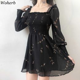 Woherb Summer Womens Black Dress Vintage Flower Long Puff Sleeve Chiffon Dresses Korean Casual Mini Vestidos Mujer 21593 210706